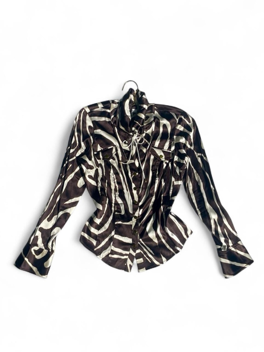 Vintage Cache Zebra Print Silk Blouse Y2K Glam Western Cowgirl Top